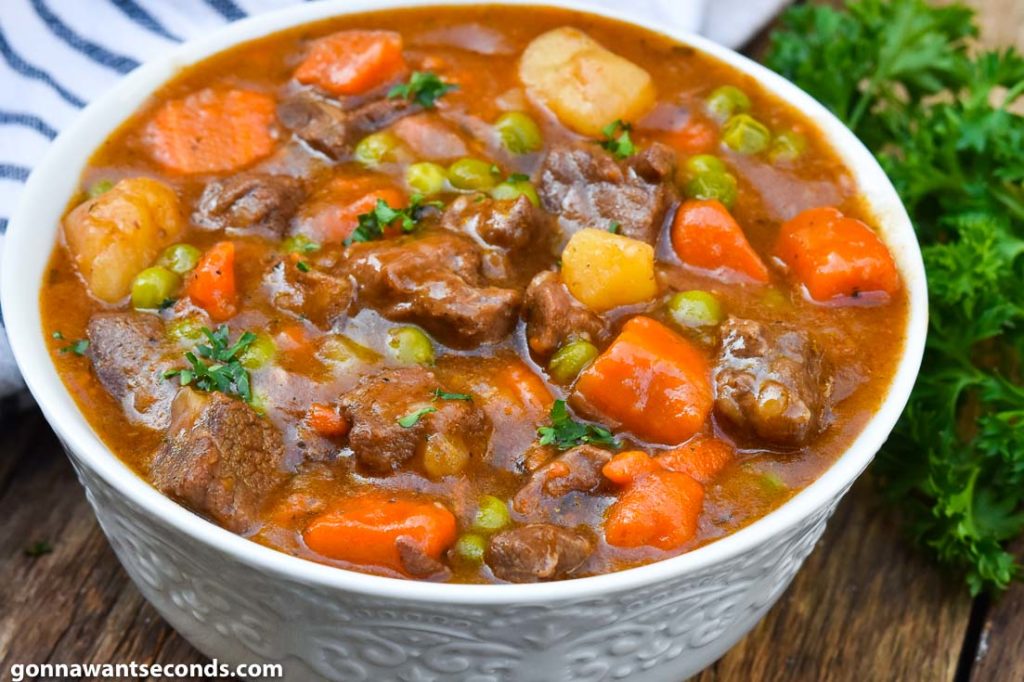 Instant pot beef stew in a white bowl