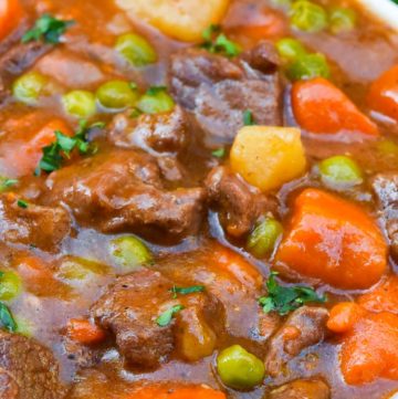Instant pot beef stew in a white bowl