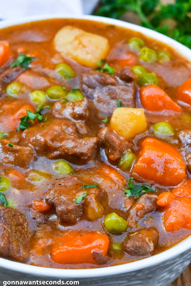 Instant pot beef stew in a white bowl