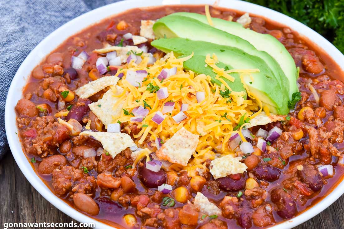 Instant pot turkey chili with toppings, on a bowl