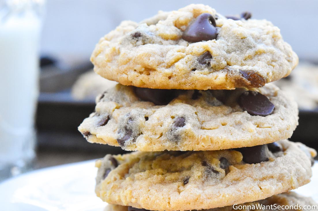 Peanut butter oatmeal chocolate chip cookies stack on top of each other
