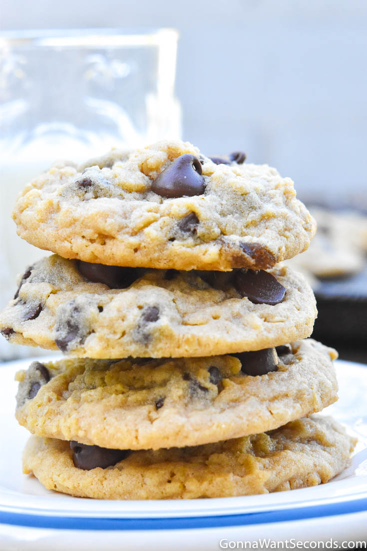 Peanut butter oatmeal chocolate chip cookies stack on top of each other