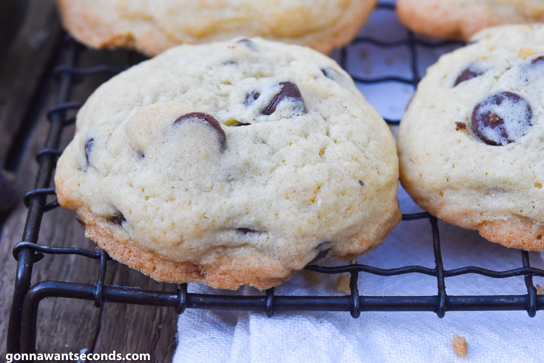 soft chocolate chip cookies on a cooling rack