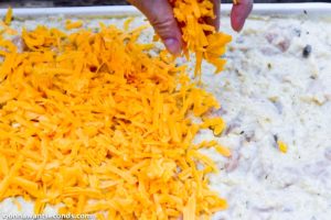 How to make chicken and rice casserole, sprinkling cheese on top of the chicken mixture