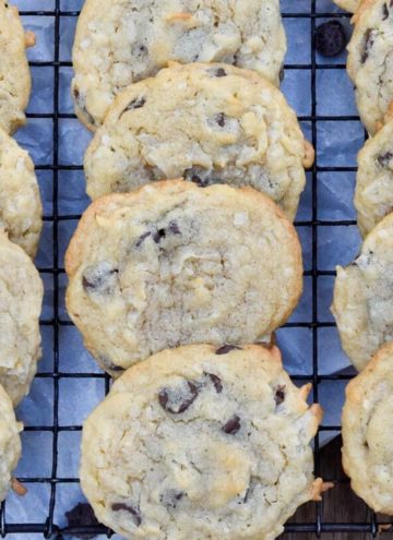coconut chocolate chip cookies on a cooling rack