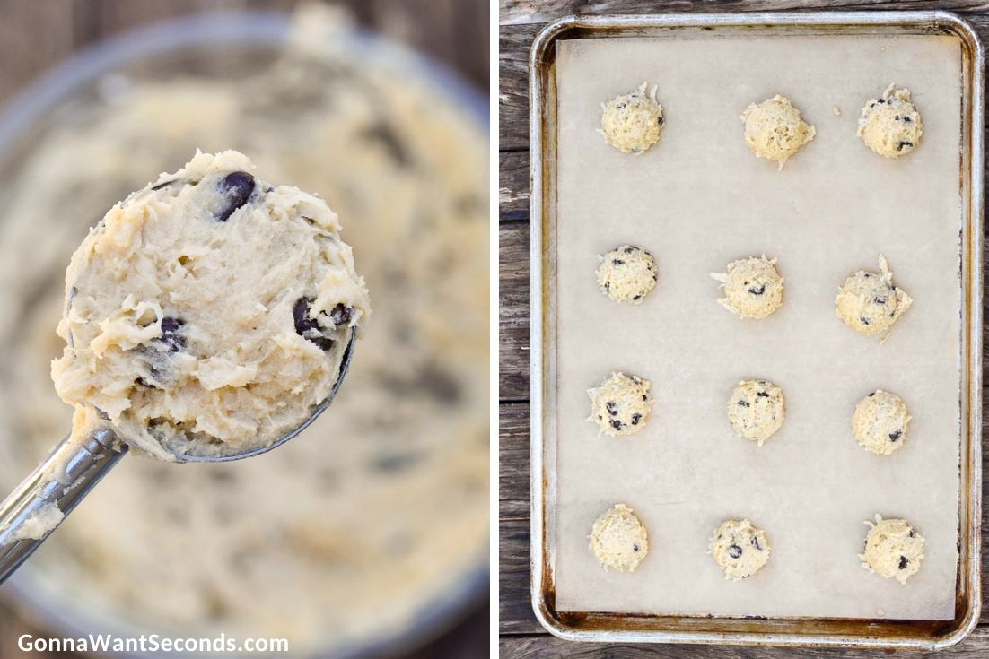 how to make coconut chocolate chip cookies, scooping the dough to sheet pan