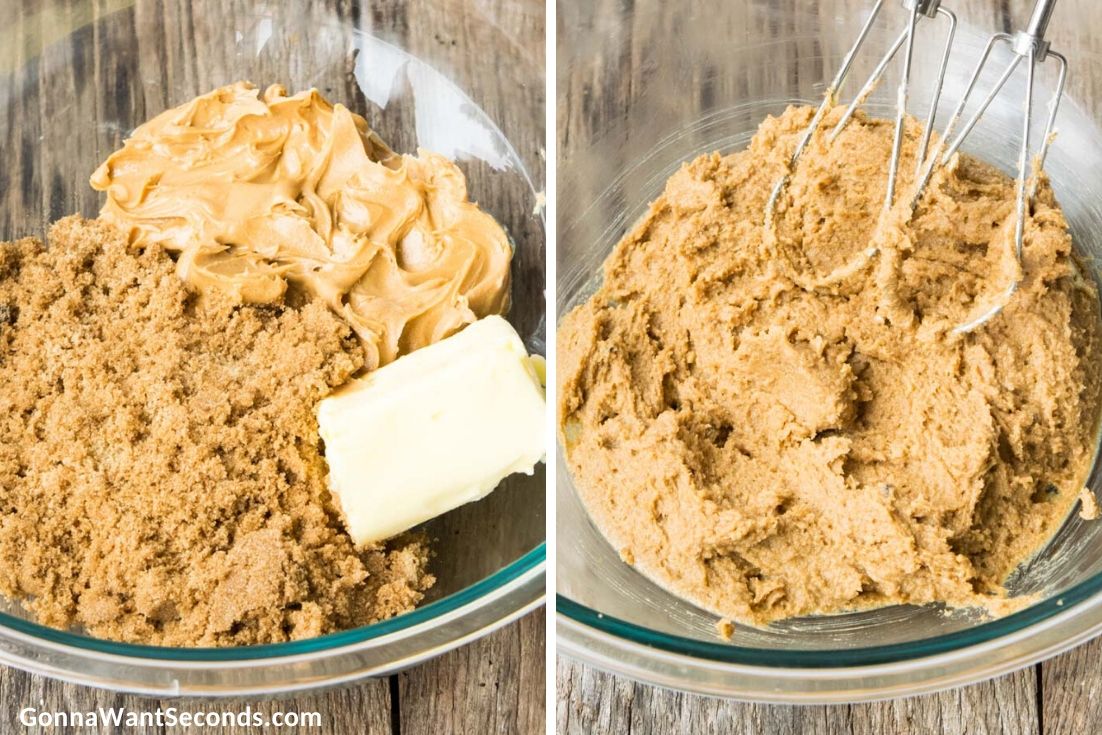 how to make peanut butter chocolate chip cookies, mixing the wet ingredients