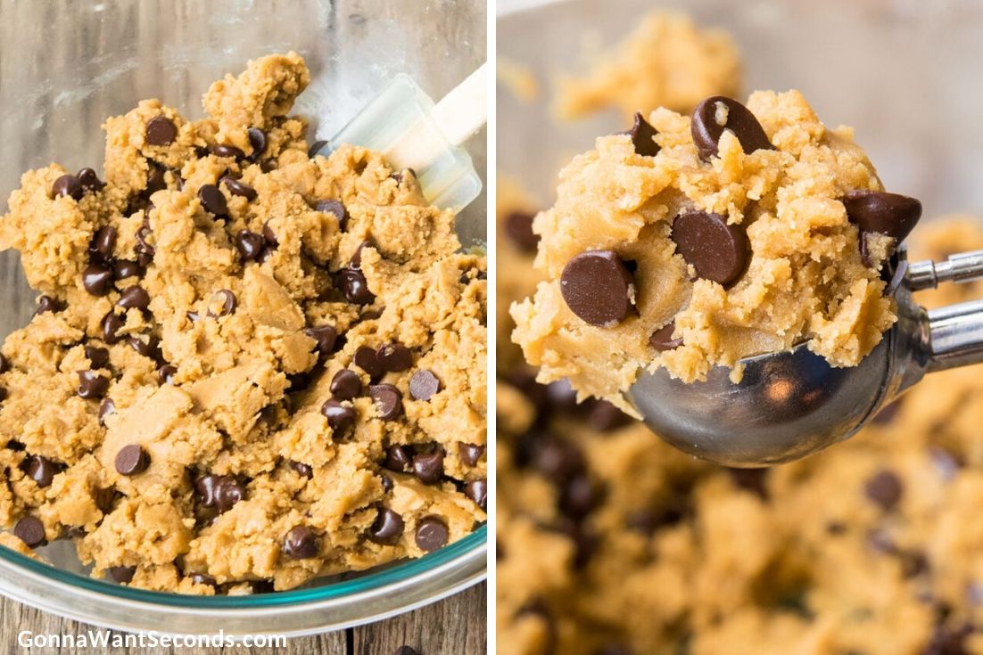 how to make peanut butter chocolate chip cookies, mixing and scooping cookie dough
