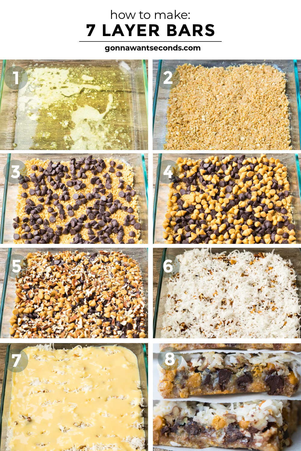 These one pan 7 Layer Bars are crunchy and gooey…just what you need to satisfy that sweet tooth. Whip them up for your next get together! #7layerbars #cookiebars step by step how to make 7 layer bars