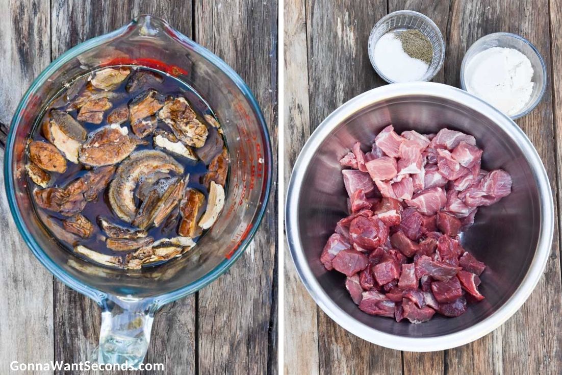 How To Make Bigos, mushroom in hot water and seasoning beef cubes
