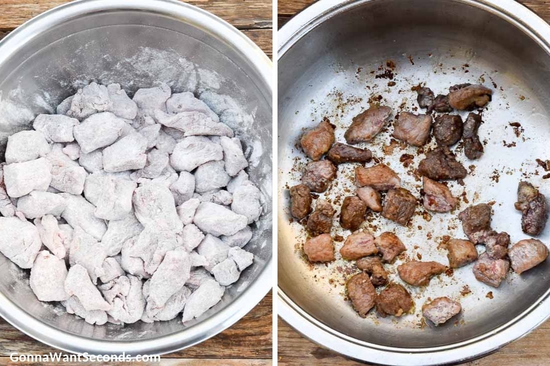 How To Make Bigos, browning flour-coated beef cubes