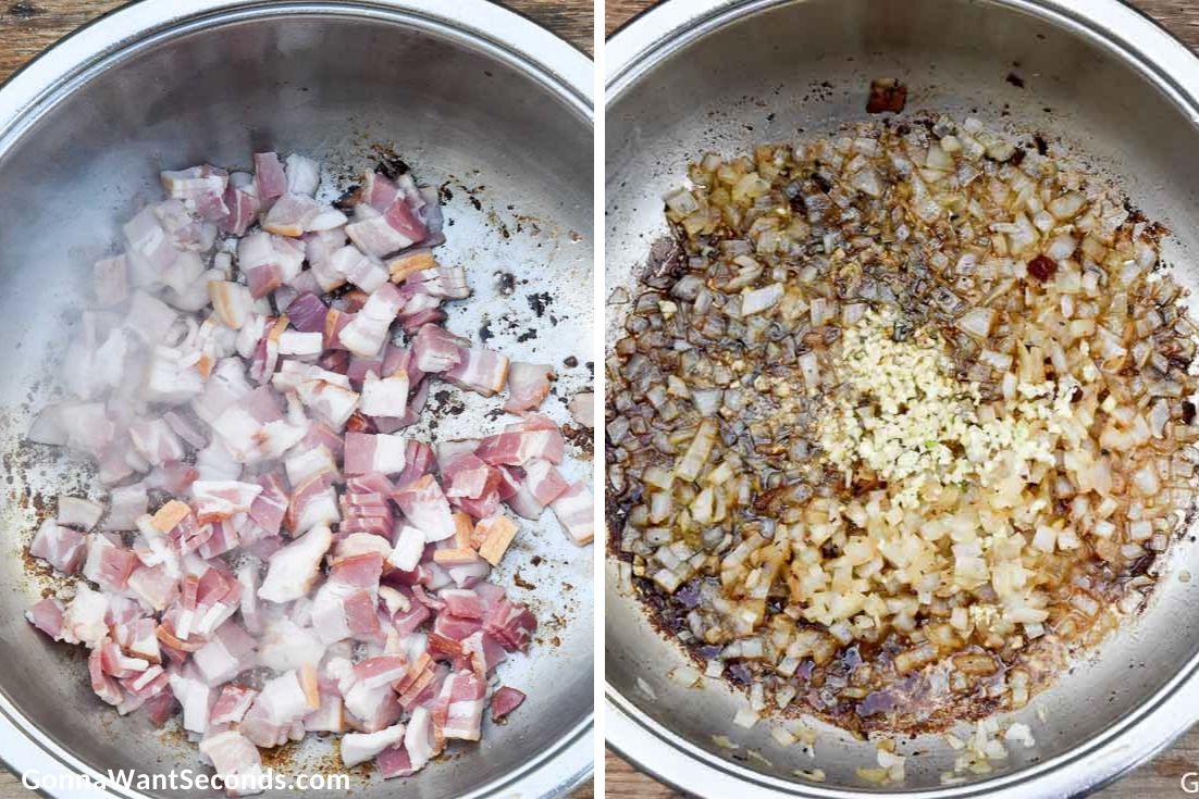 How To Make Bigos, sauteing bacon bits then aromatics