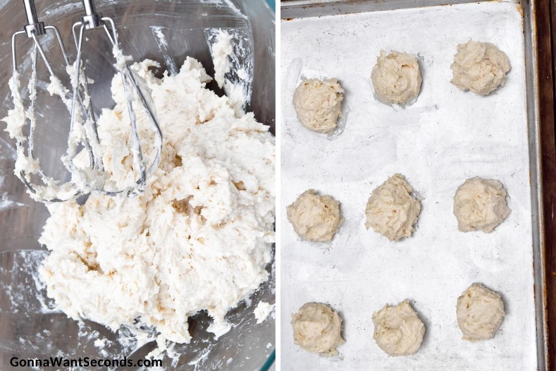 How to make Bisquick drop biscuits, mixing the dough and arranging it in the baking sheet