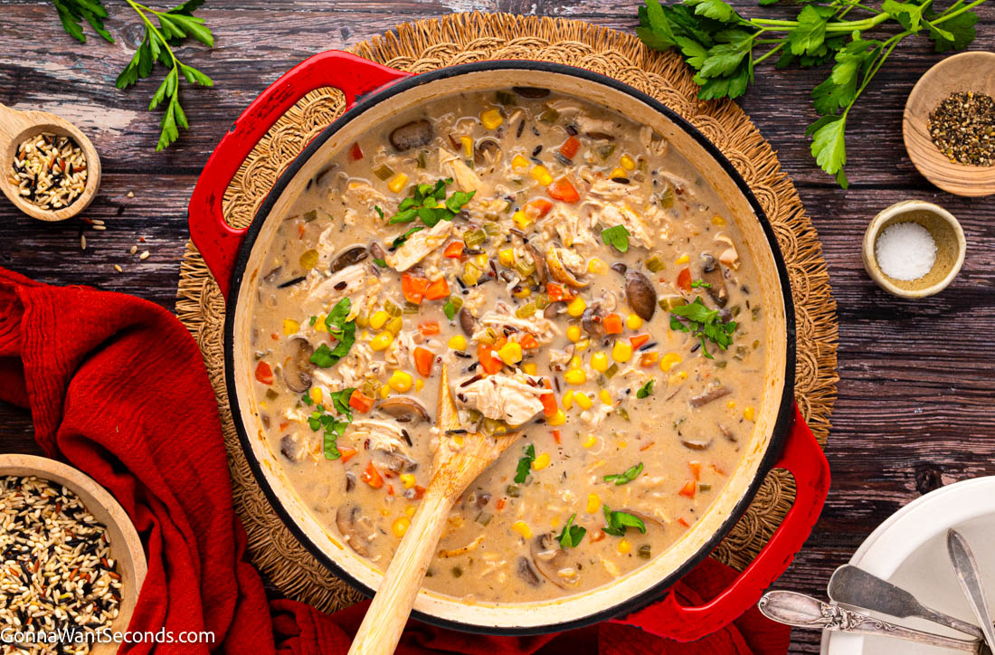 creamy chicken wild rice soup in a pot