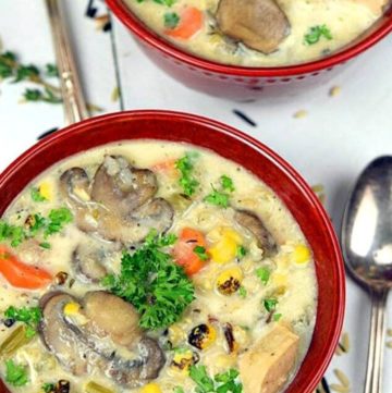 Two bowls of Creamy chicken wild rice soup
