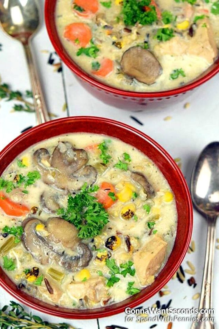 Two bowls of Creamy chicken and wild rice soup