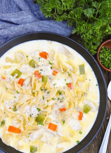 creamy chicken noodle soup with a spoon on the side