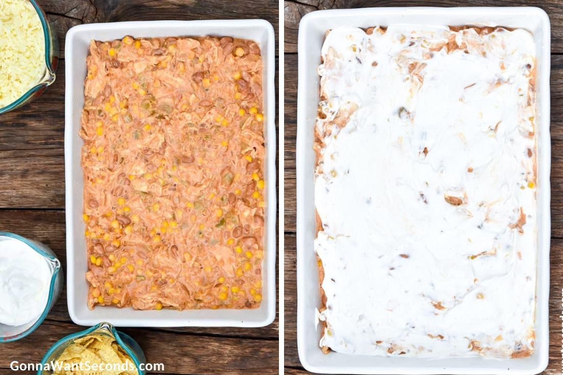 How to make Mexican chicken casserole, layering chicken mixture and sour cream