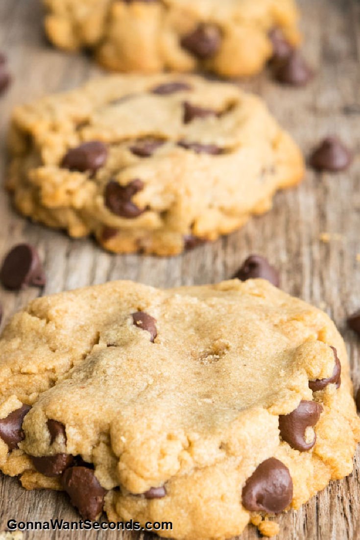 simple peanut butter chocolate chip cookies on a wooden table