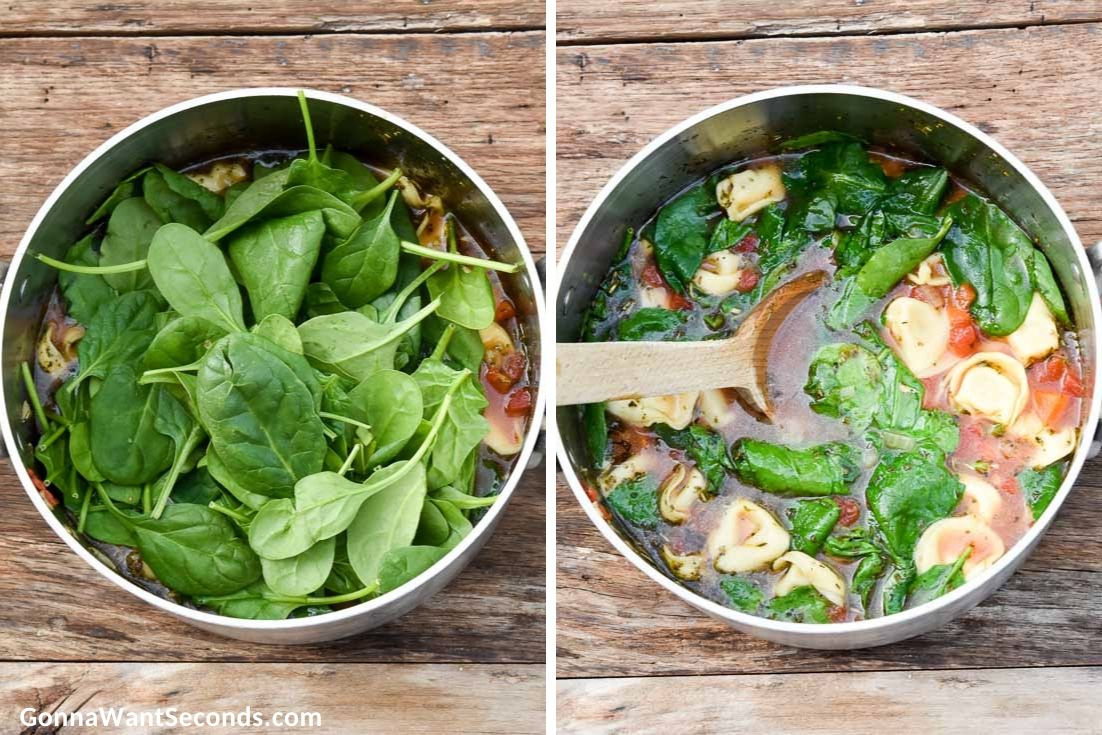 How to make spinach tortellini soup, adding spinach to the pot