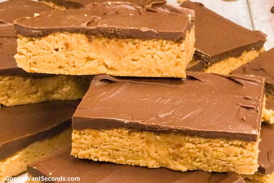 No bake peanut butter bars stack on top of each other