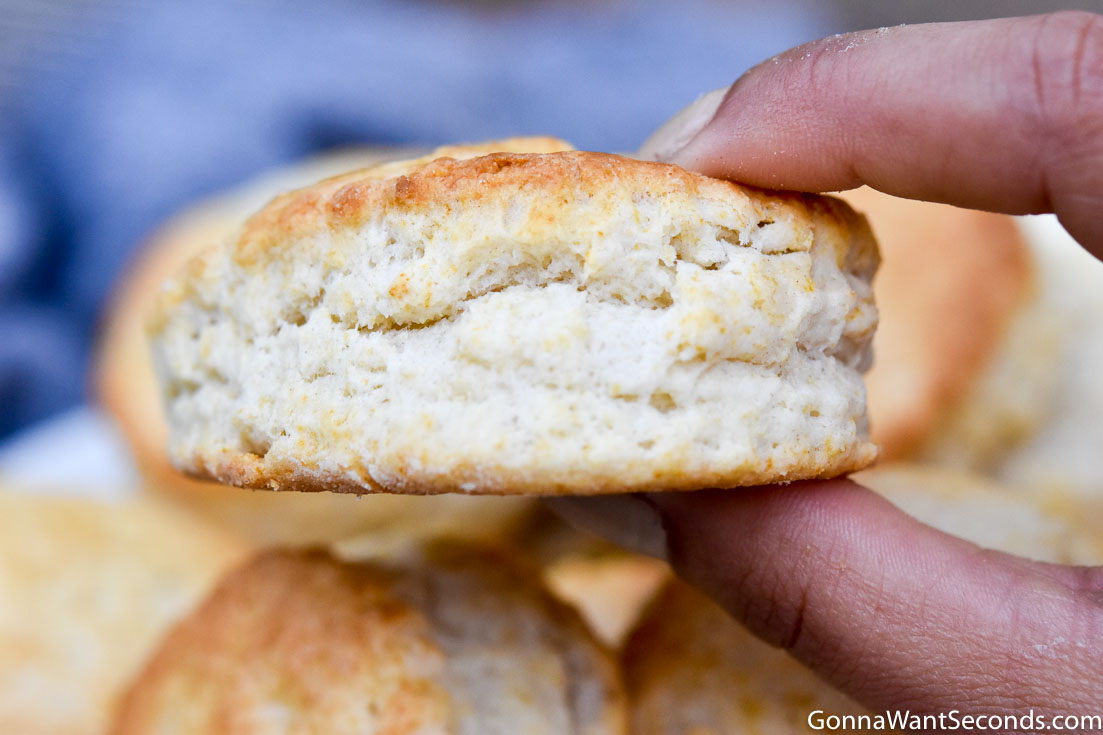 holding a Bisquick rolled biscuit