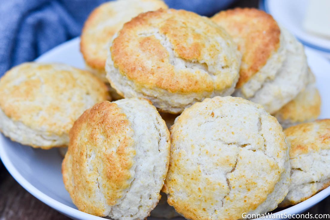 A pile of Bisquick rolled biscuit on a plate