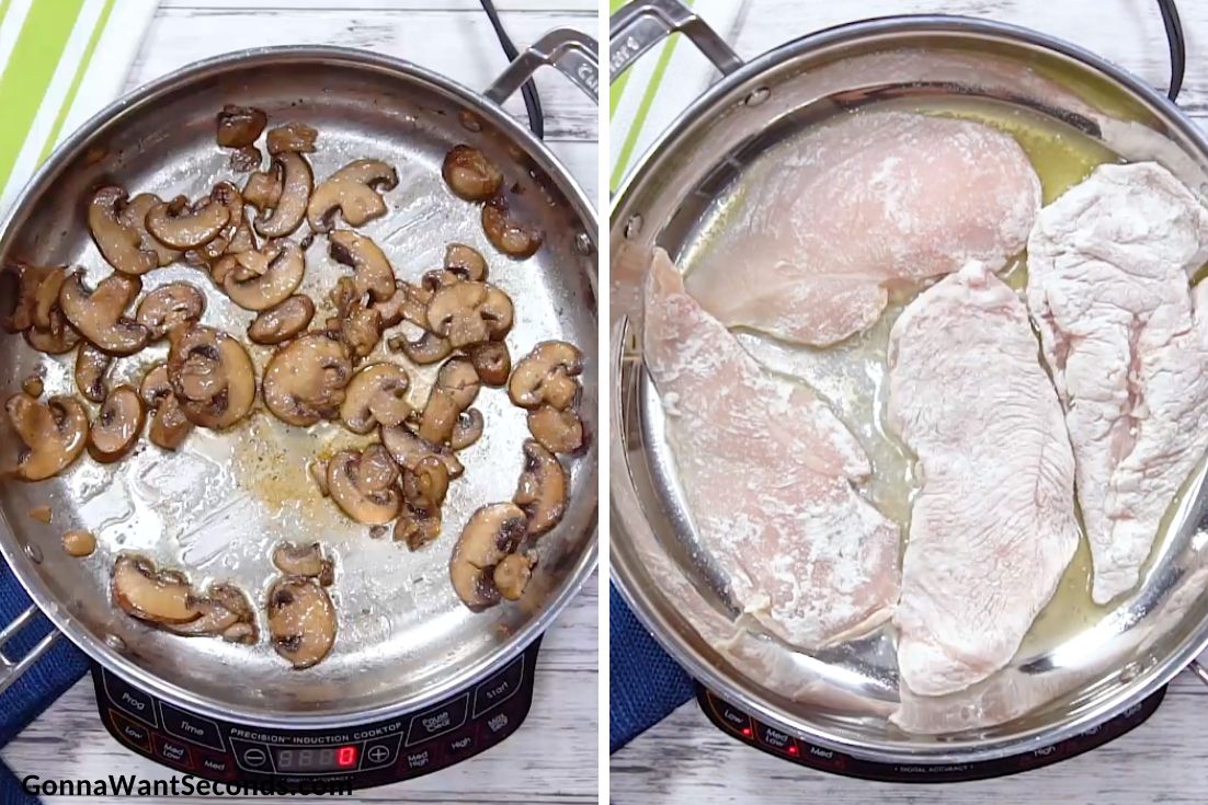 How to make Chicken Lombardy, sauteing mushrooms and pan frying chicken breasts