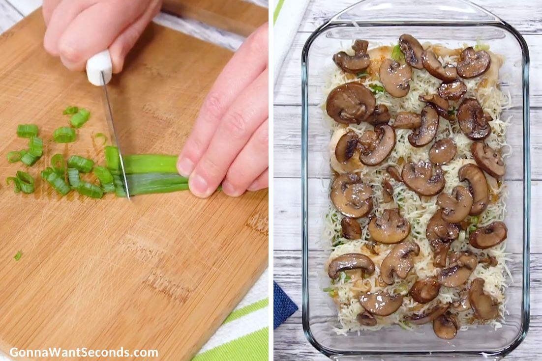 How to make Chicken Lombardy, chopping green onions and layering casserole dish with mushroom and mozzarella