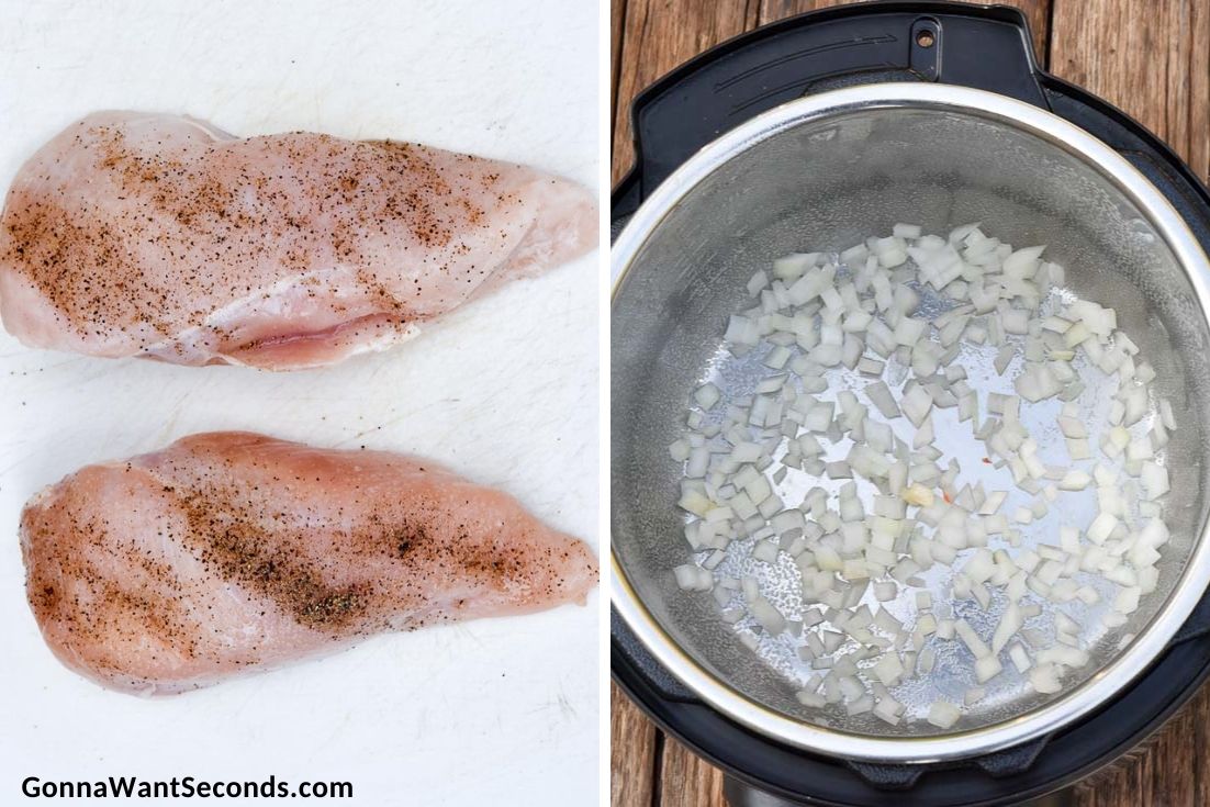 How To Make Instant Pot Chicken And Rice, seasoned chicken breast and onions
