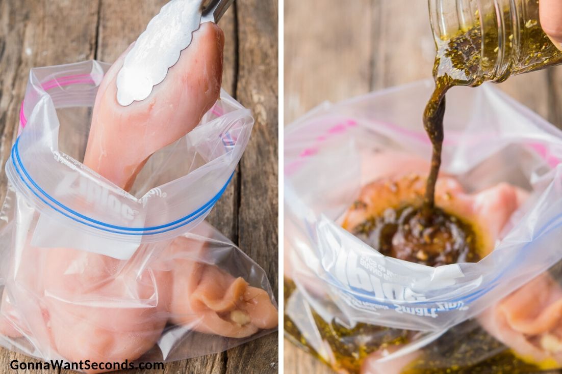 How to make Italian chicken, placing chicken in a ziploc and pouring the dressing into it.