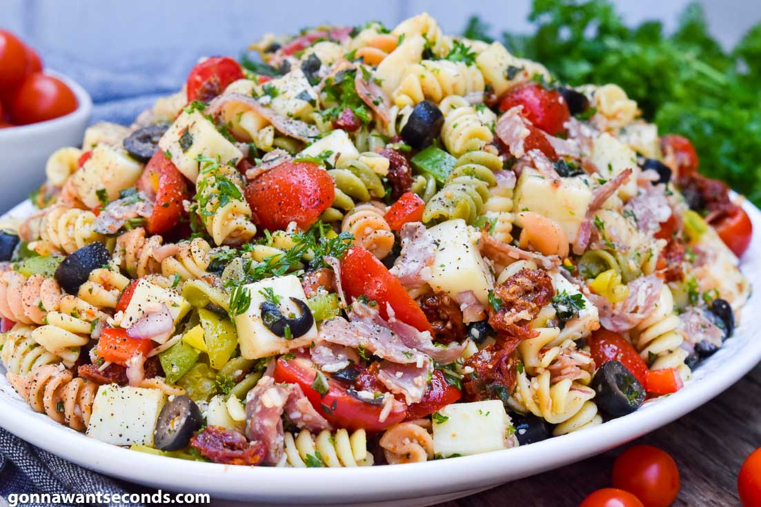 pasta salad with italian dressing packet, on a serving plate