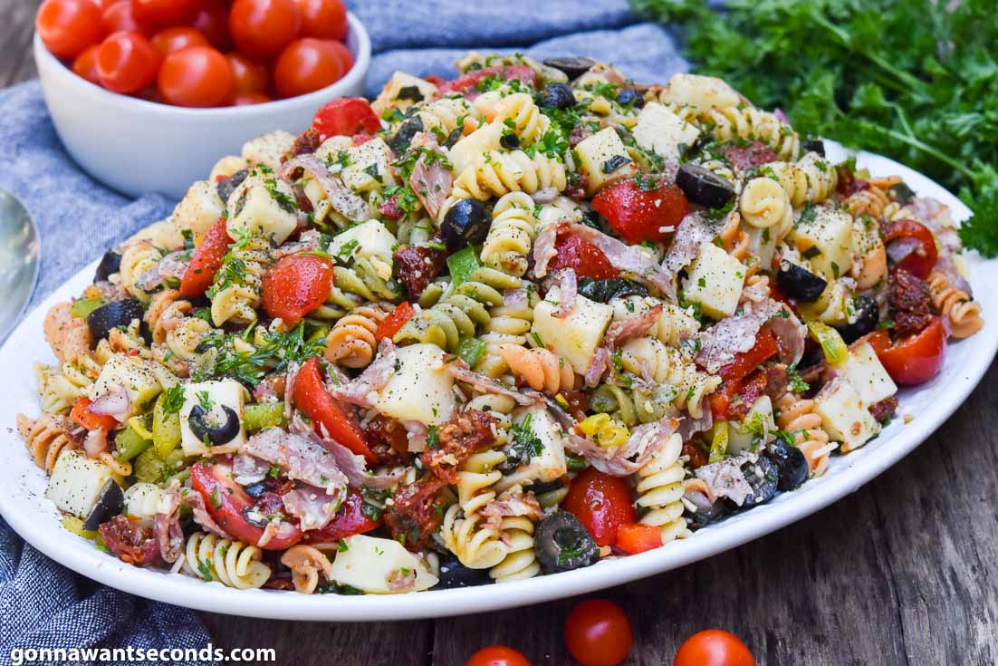 Pasta Salad with Italian Dressing on a serving plate 