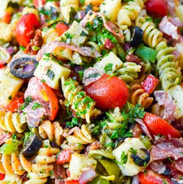 pasta salad with italian dressing and sugar, on a serving plate