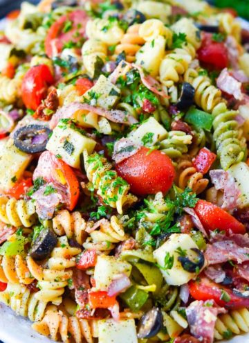 pasta salad with italian dressing and sugar, on a serving plate