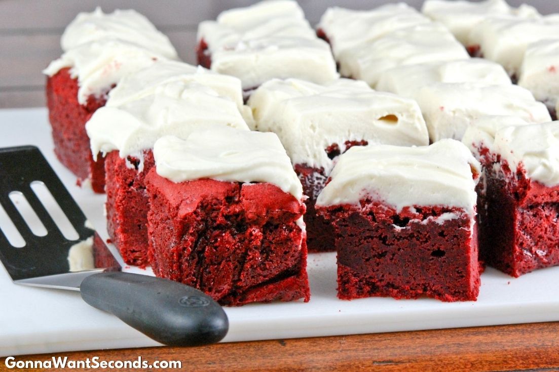 Red Velvet Brownies with Cream Cheese frosting, on a plate