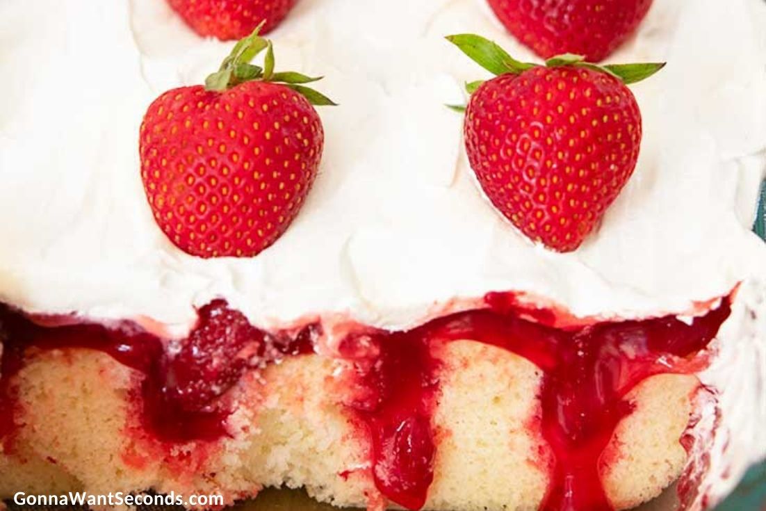 Strawberry Poke Cake in a baking pan