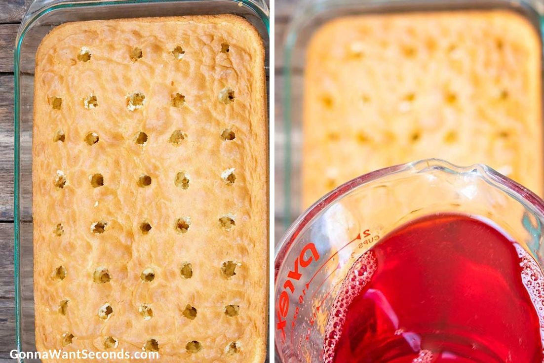 How to make Strawberry Poke Cake, poking cake and pouring jello mix