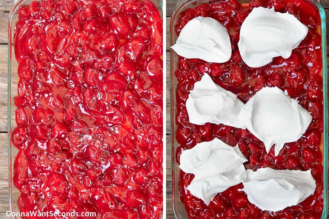How to make Strawberry Poke Cake, adding strawberry pie filling and cool whip