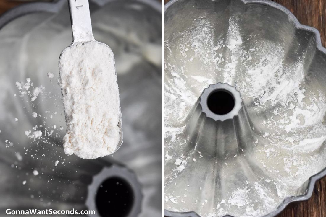 How to make Banana Pound Cake, coating bundt pan with flour