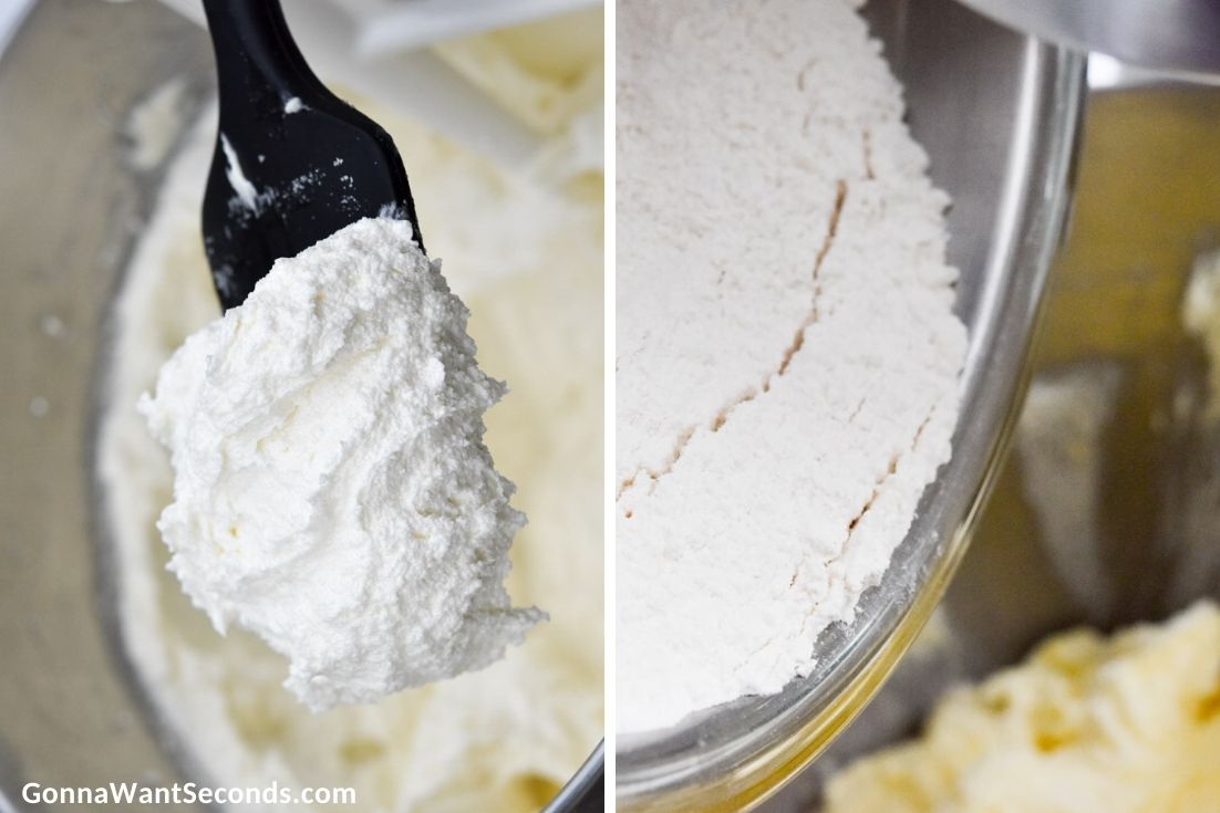 How to make Banana Pound Cake, adding flour to the butter mixture