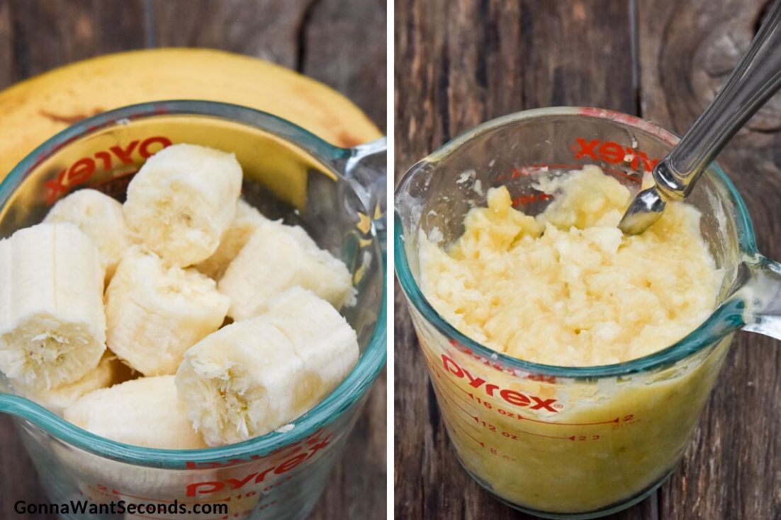 How to make Banana Pound Cake, mashing a bananas in a measuring cup