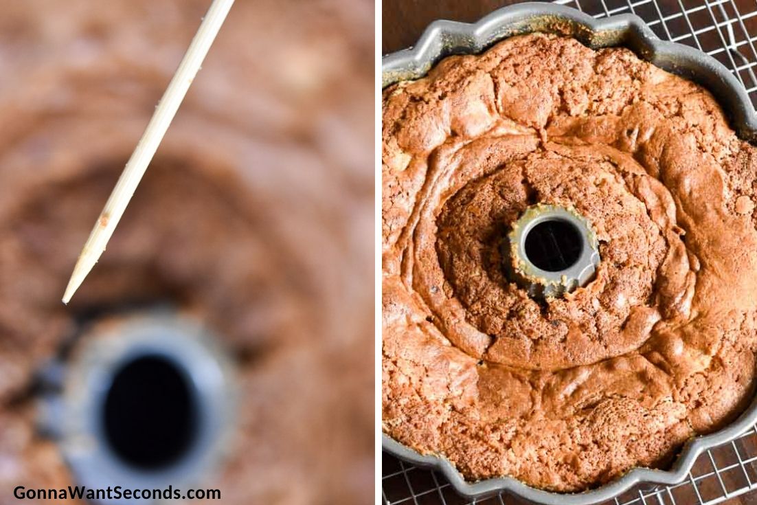 How to make Banana Pound Cake, inserting toothpick in the cake