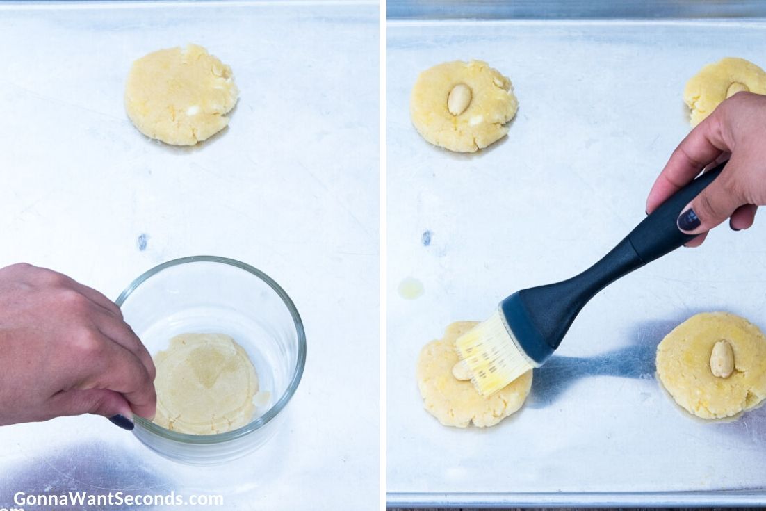 How to make Chinese Almond Cookies, flattening cooki doughs and brushing it with egg wash