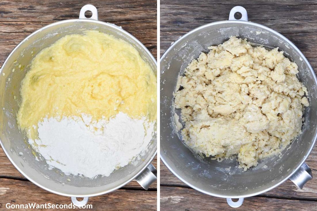 How to make Lemon Sugar Cookies, gradually adding flour to mixed cookie dough