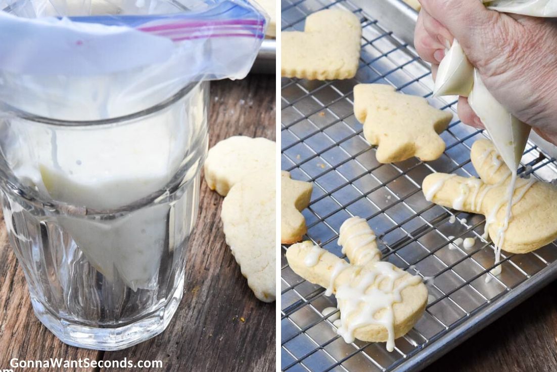 How to make Lemon Sugar Cookies, drizzling glaze over cookies