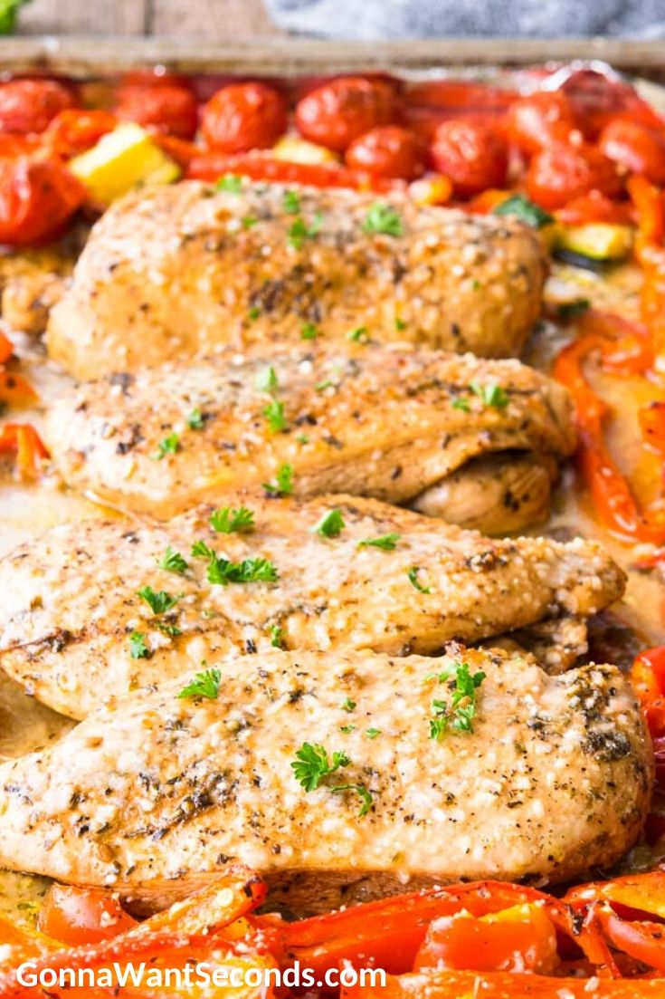 Sheet Pan Italian Chicken Dinner with vegetables around