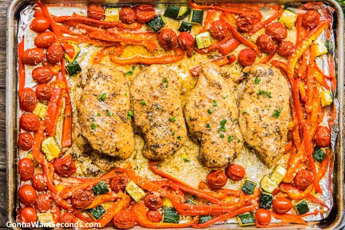 Sheet Pan Italian Chicken Dinner with vegetables around
