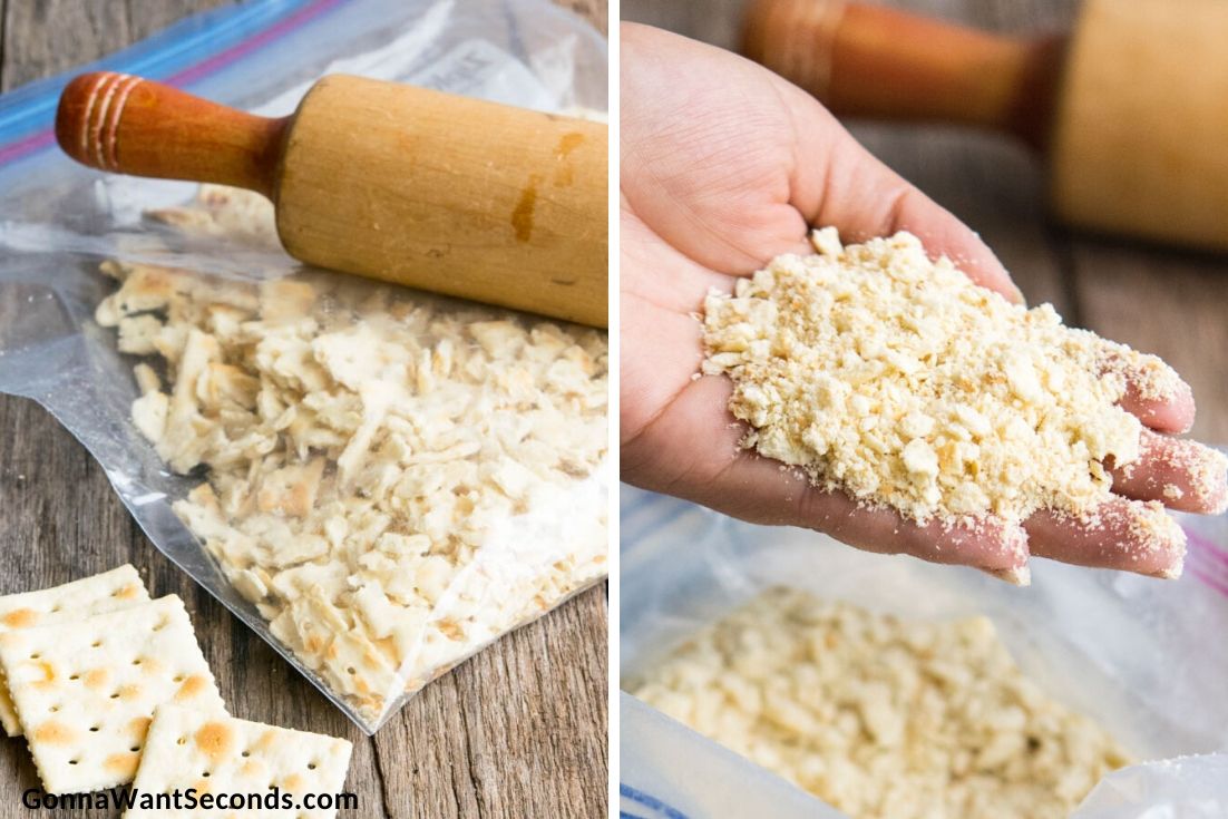How to make Atlantic Beach Pie, crushing saltine crackers for the crust