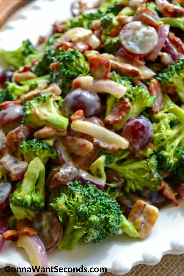original broccoli salad recipe in an oval serving plate